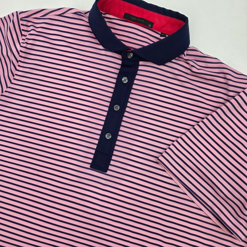 GREYSON GOLF POLO SHIRT MENS XL PINK BLUE STRIPED WOLF LOGO PERFORMANCE EUC